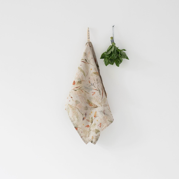 Leaves on Natural Linen Tea Towel