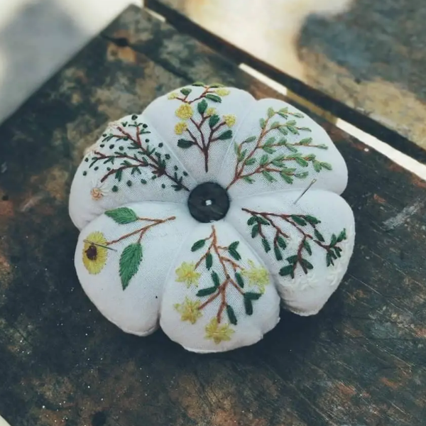 Daisy Mimosa Embroidered Pumpkin Pincushion