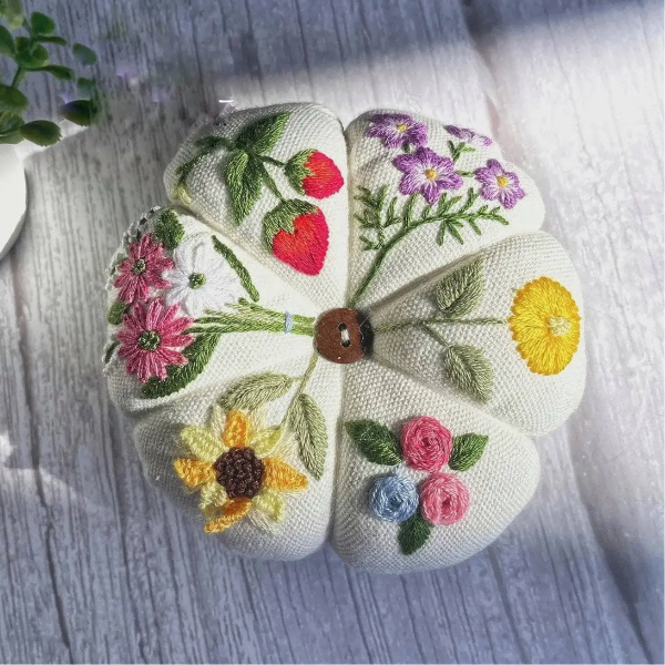 Flower Garden Embroidery Pumpkin Pincushion